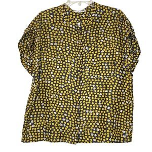CAbi polka dot 100% silk blouse yellow, gray and cream Size M